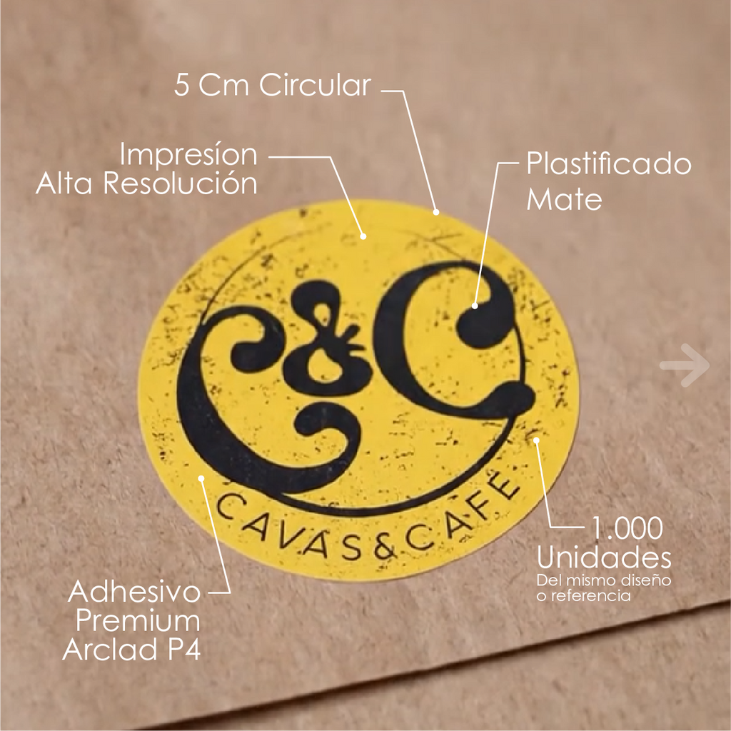 1.000 Adhesivos Premium Circulares de 5 cm Plastificados Mate